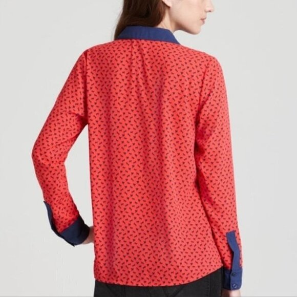 Free People Red & Blue Horse Print Long Sleeve Blouse M - Picture 2 of 6